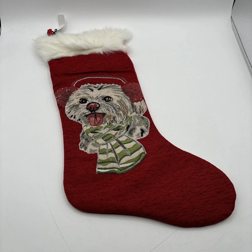 Pier 1 Christmas Stockings BNWT Red‎ White Fleece Embroidered Dogs Set of 4